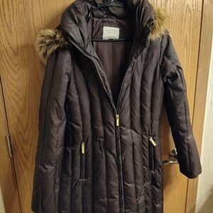 Nautica Brown Quilted Hooded Puffer Coat with Faux Fur Trim